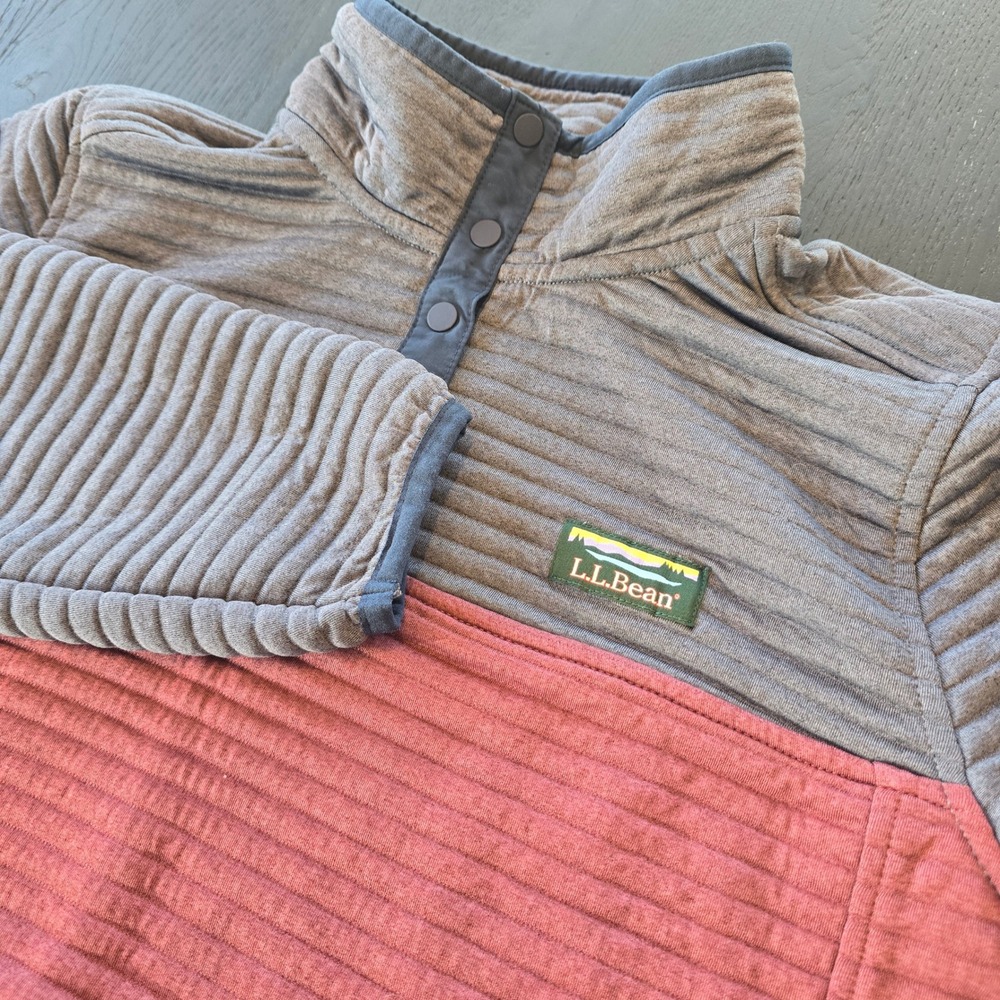 LL Bean Womens Quilted Pullover Snap Neck Fleece Grey Pink Colorblock M REG